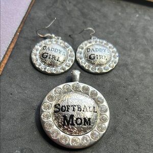 Silver Rhinestone Softball Mom Jewelry Set